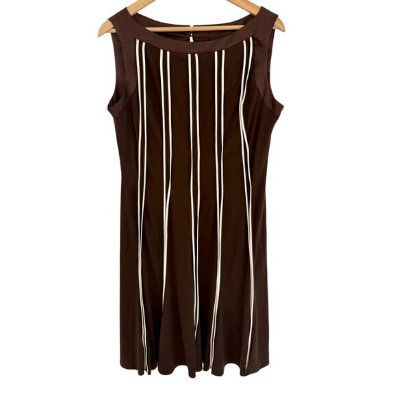 Retro NWT Sandra Darren Brown Sleeveless Midi Dress Ivory Stripes 12 Washable - Picture 1 of 11